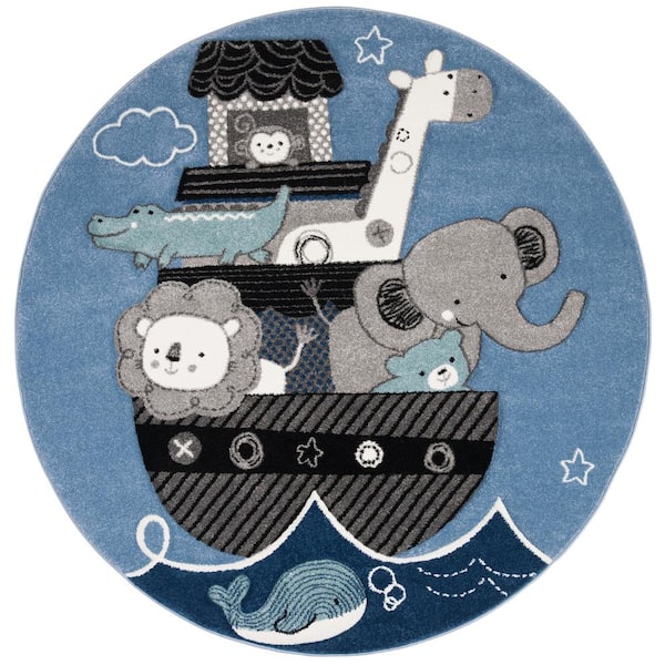 Carousel Kids Blue/Gray 5 ft. x 5 ft. Round Animal Print Area Rug