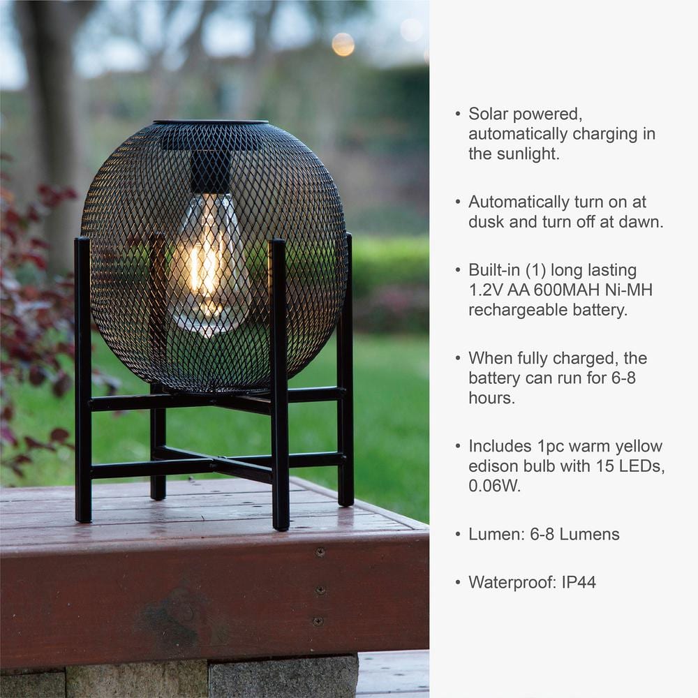 Black Metal Mesh Solar Powered Outdoor Lantern with Pedestal Stand