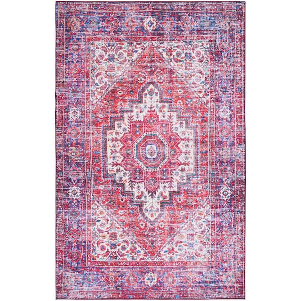 SAFAVIEH Tuscon Red/Blue 6 ft. x 9 ft. Machine Washable Ikat Border Area Rug