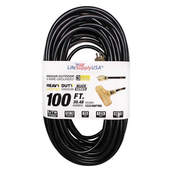 LifeSupplyUSA 100 ft. 12/3 SJTW 3-Outlet 15 Amp 125-Volt 1875-Watt Indoor/Outdoor Black Heavy-Duty Tri-Source Extension Cord (2-Pack)