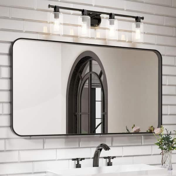 55 in. W x 30 in. H Rectangular Aluminum Framed Wall Bathroom Vanity Mirror in Black