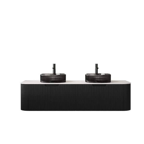 60 in. Wall-Mounted Black Bath Vanity with Carrara White Solid Surface Top Pre-Assembled