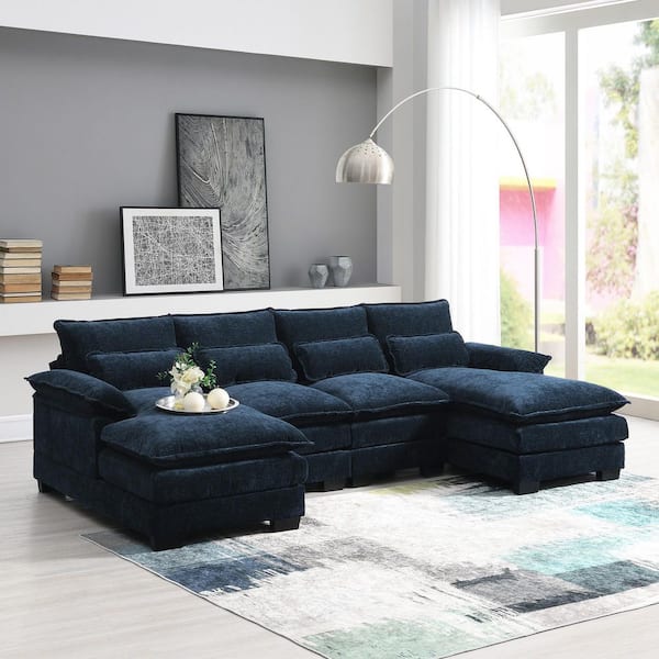 110 in. Square Arm Chenille U-Shaped Sofa with Waist Pillows in Blue