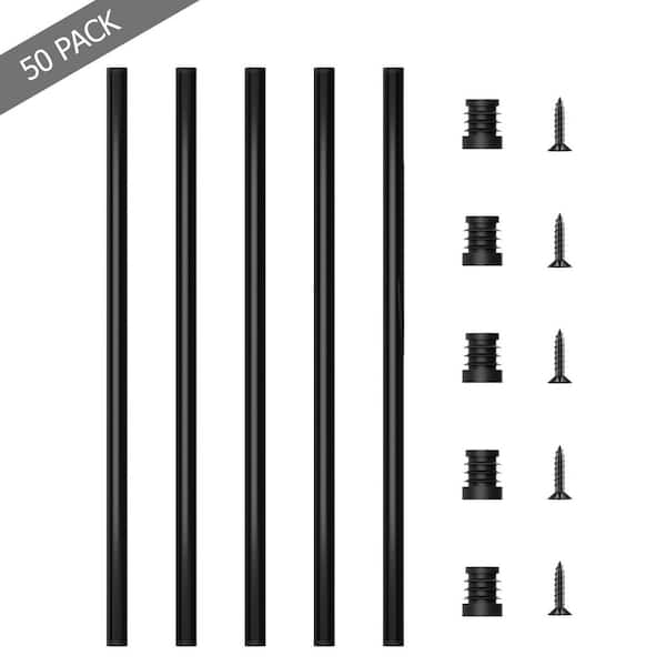 26 in. x 3/4 in. Black Galvanized Iron Deck Railing Round Metal Baluster Install Kit Bulk Pack (50-Pack)