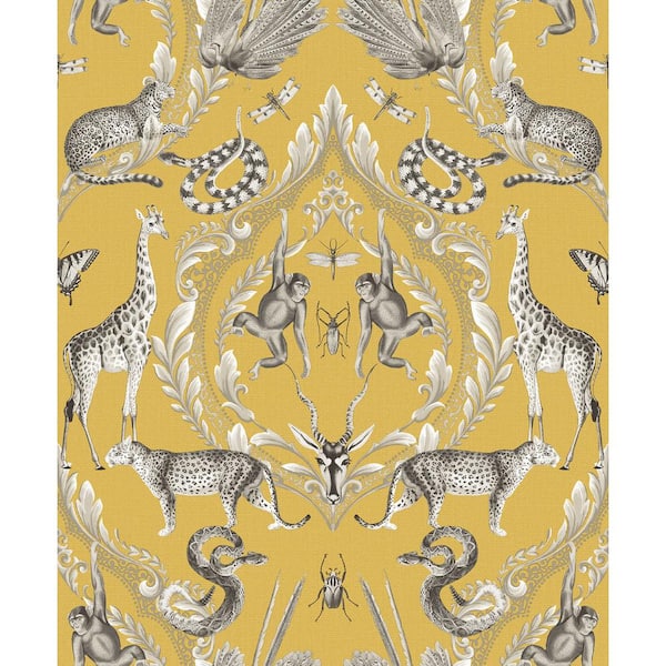 Unbranded Bazaar Collection Yellow / Black / White Animal Menagerie Damask Non-Woven Non-Pasted Wallpaper Roll (Covers 57 sq.ft.)