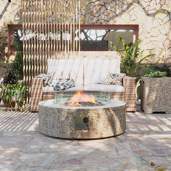 42in. 50000BTU Outdoor Beige Round Magnesium Oxide Fire Pit Table with Glass Cover and Propane Tank Cover