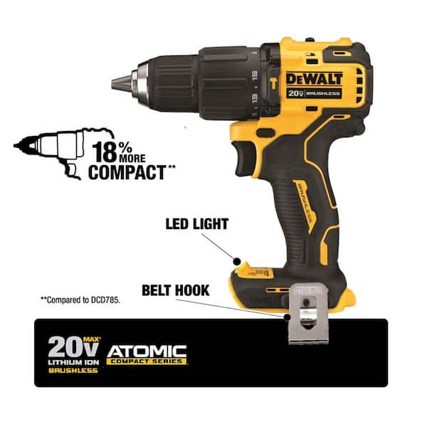 DEWALT DCD709C2 ATOMIC 20V MAX Cordless Brushless Compact 1/2 in. Hammer Drill, (2) 20V 1.3Ah Batteries, Charger, and Bag - 3