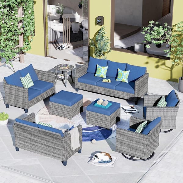 OVIOS New Star Gray 8-Piece Wicker Patio Conversation Seating Set with Blue Cushions and Swivel Chairs