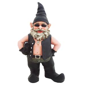 14.5 in. H Biker Dude The Biker Gnome in Leather Motorcycle Riding Gear Holding His Saddlebag Home/Garden Gnome Statue