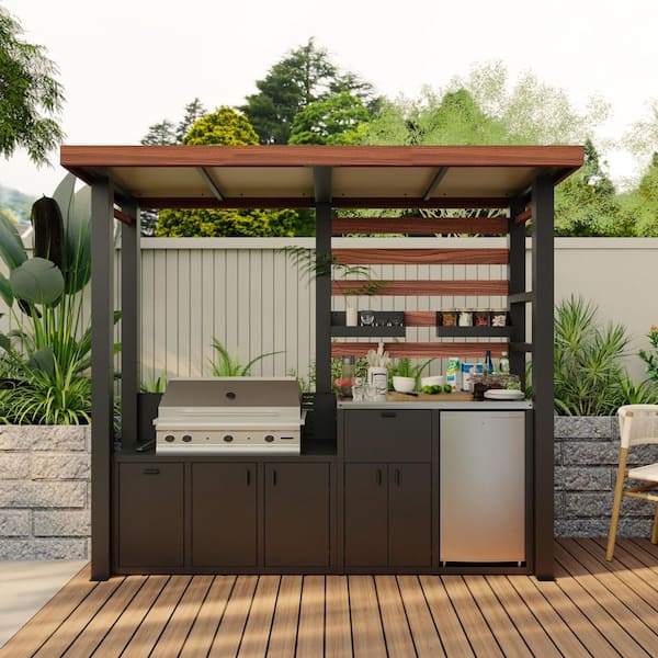 Outdoor Kitchen Series Natural Gas Modular Galvanized Steel Patio Grill Island with Stainless Steel Tabletop in Black
