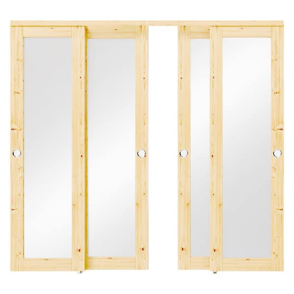 96 in. x 80 in. Light Brown Solid Pine Wood Double Full Lite Mirrored Glass Sliding Door with All Hardware