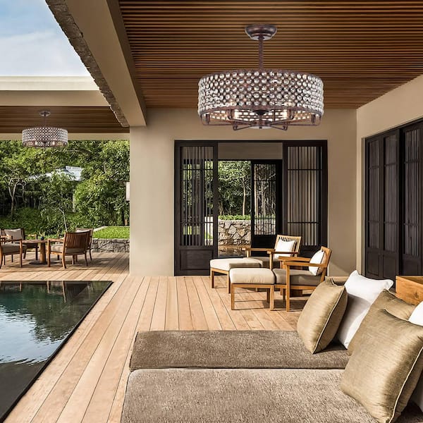 Athena 27 in. Indoor Brown Crystal Caged Low Profile Ceiling Fan with Light Kit and Remote Control