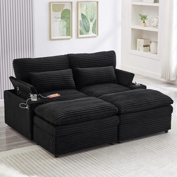 Modern 70.9 in. Black Corduroy Twin Size Sofa Bed Loveseat with Storage Arms, Ottomans, Cup Holders and USB Ports