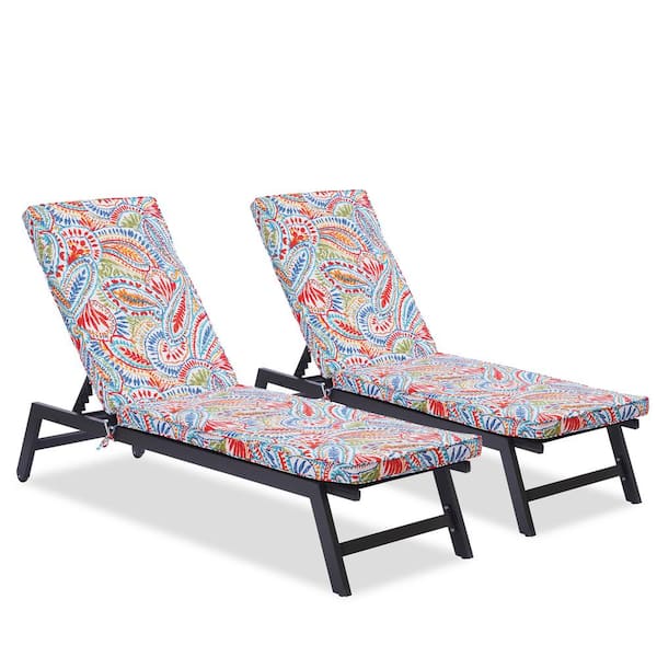 maocao hoom Gray Metal Outdoor Chaise Lounge with Gray and Flower Cushions