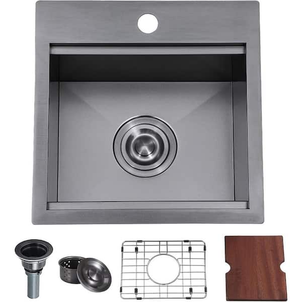 15 in. Drop-In Single Bowl 16 Gauge Gunmetal Black Stainless Steel Kitchen Sink with Bottom Grids