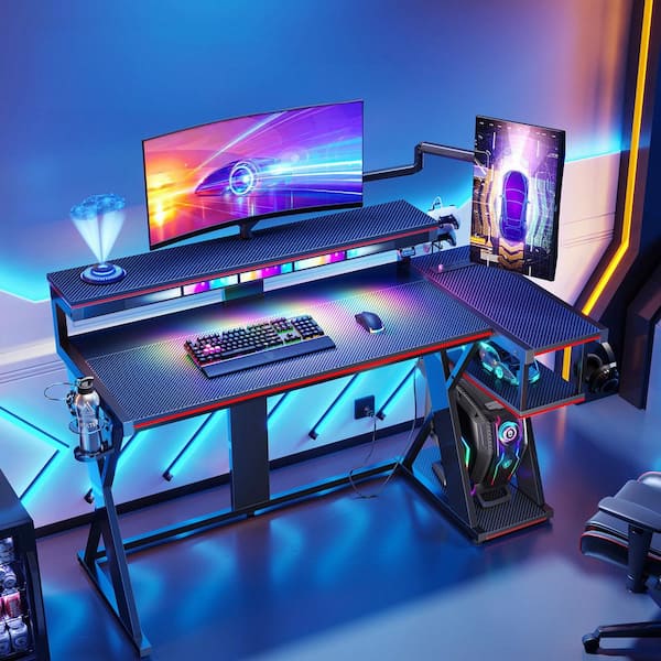 57 in. Black L Shape Gaming Desk with LED Lights Monitor Stand Power Outlets Cup Holder and Headphone Hook