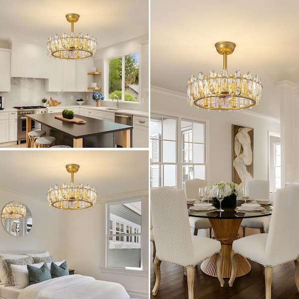 Modern 20 in. Indoor Gold Crystal Caged Chandelier Ceiling Fan with Remote Included with No Bulb Included for Bedroom
