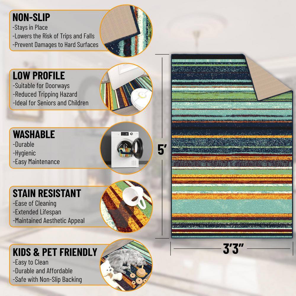 Multicolor Striped Non-Slip Synthetic Area Rug 3'3" x 5'
