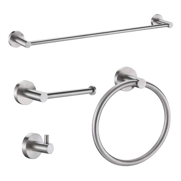4-Piece Brushed Nickel Bathroom Accessories Set with Towel Bar Towel Hook Toilet Paper Holder and Towel Ring