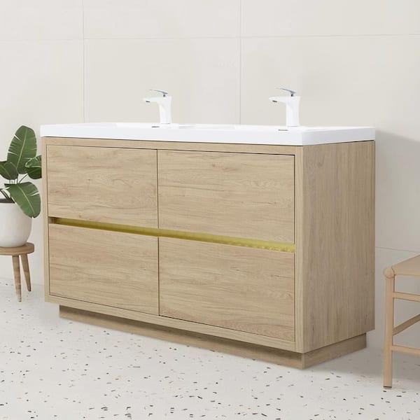 Lafarre 59.06 in. W x 19.69 in. D Double Sink Freestanding Bath Vanity in Natural Oak with White Resin Top Assembled