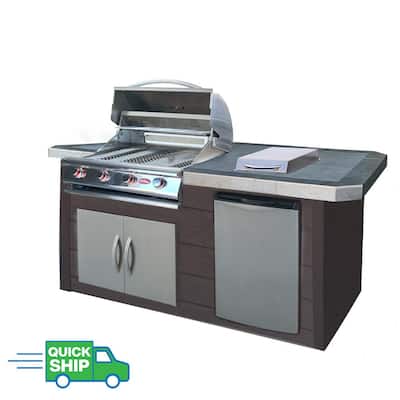 7 ft. Synthetic Wood Panel Grill Island and 4-Burner Gas Grill in Stainless Steel