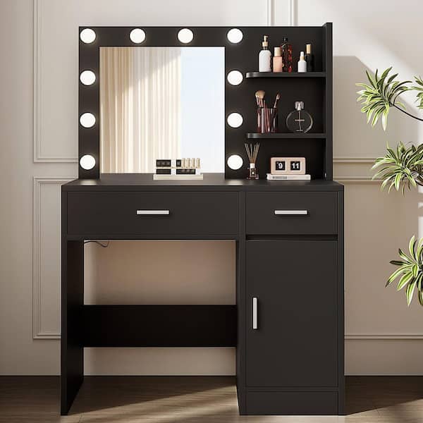JEAREY Modern Black 10-Light Makeup Vanity with Mirror, Drawers, Cabinets, Shelves, and 3-Color Modes