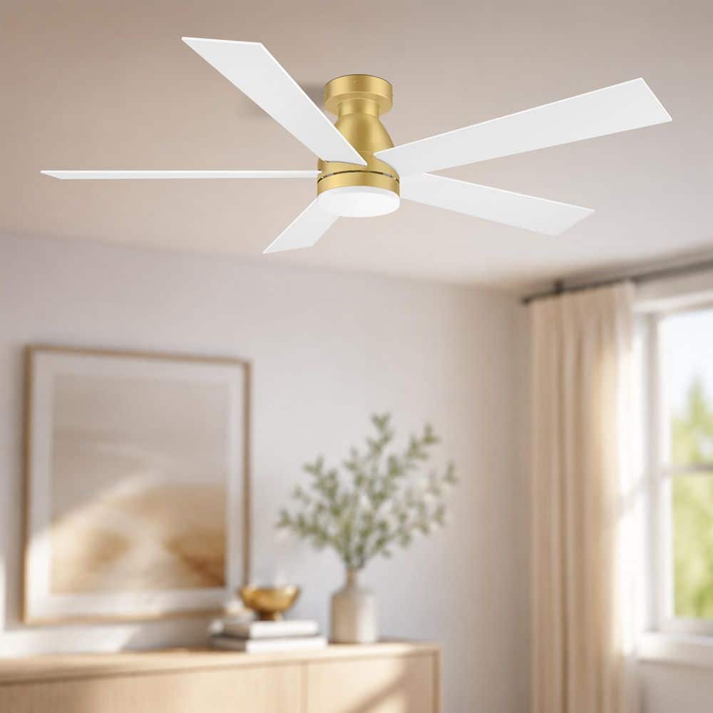 52 in. Gold Outdoor Indoor Standard Flush Mount Ceiling Fans with LED Lights Remote/WIFI/Alexa, Dimmable, 6-Speed, Quiet