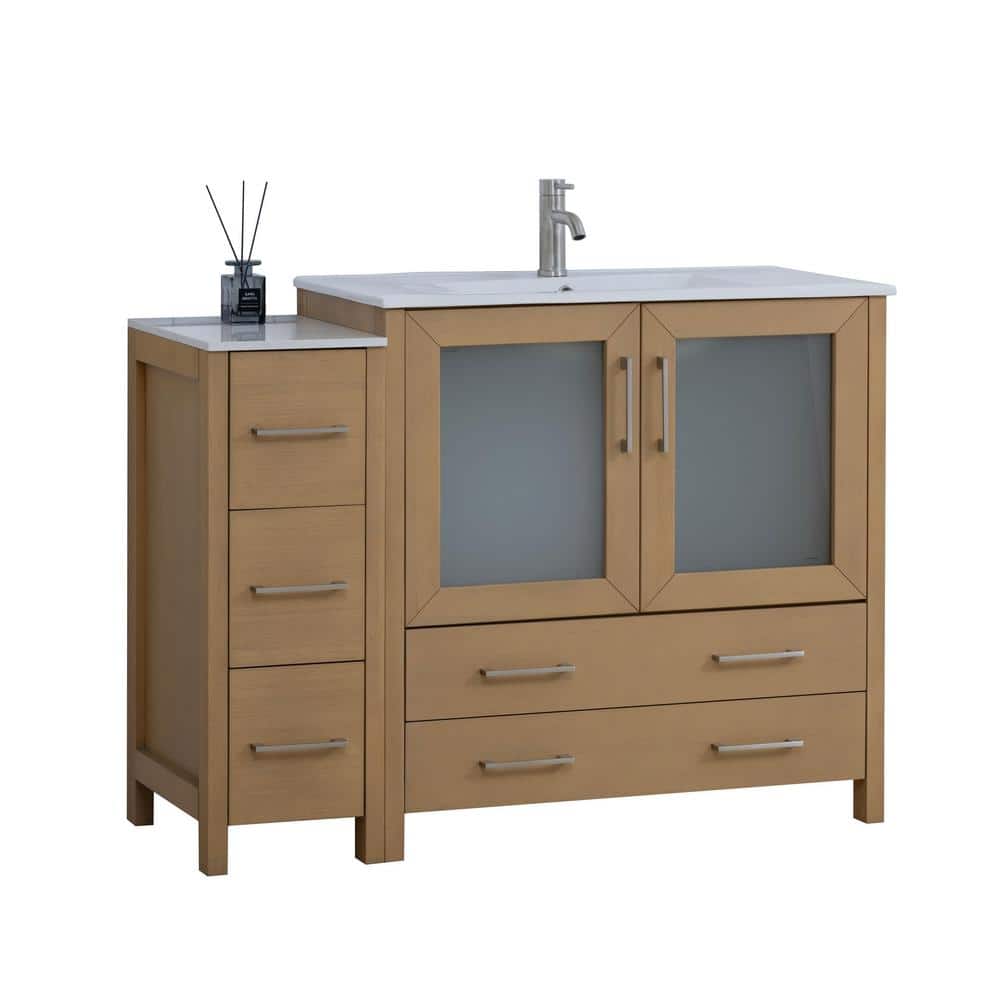 Natural Oak 48" Bathroom Vanity with White Ceramic Top and Mirror