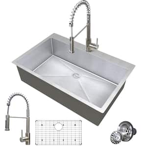 33 in. Drop-In/Undermount Single Bowl 18-Gauge Gunmetal Sliver Stainless Steel Kitchen Sink with Faucet and Bottom Grids