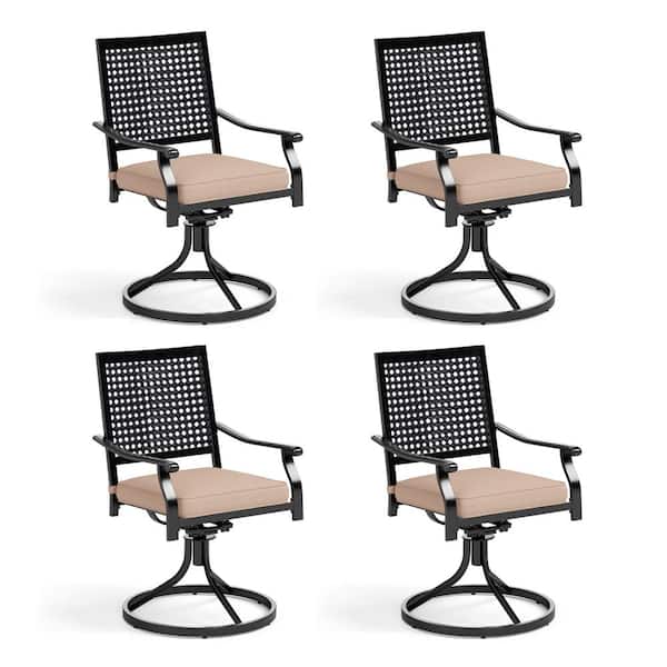 PHI VILLA Black Swivel Metal Outdoor Dining Chair with Beige Cushion (4-Pack)