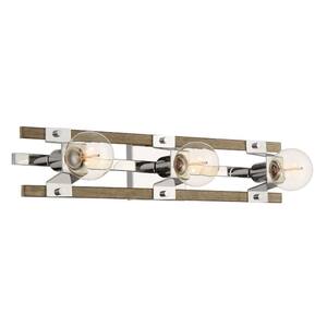 Hanston 24 in. 3-Light Polished Nickel Industrial Vanity with Wood Accents