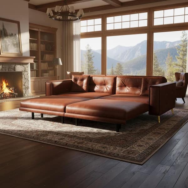 EDIK 92.1 in. King Size Cognac Brown 3-in-1 Convertible Sofa Bed with Tufted Design Faux Leather and High Sofa Legs