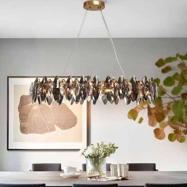 Classic 8-Light Plating Brass Linear Island Chandelier with Smoky Gray Crystals for Dining Room Kitchen Pendant Light