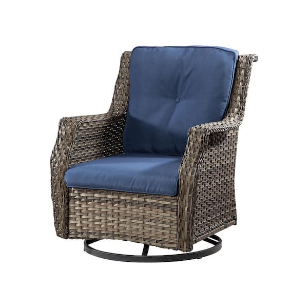 Outdoor Patio Wicker Lounge Chair Swivel Rocking Chair with Blue Cushions