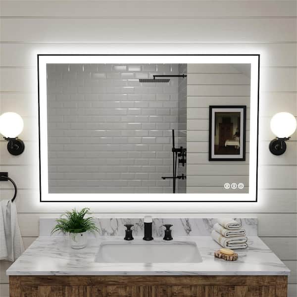 MYCASS Luxury 48 in. W x 32 in. H Rectangular Aluminum Framed Dimmable Anti-Fog Wall LED Bathroom Vanity Mirror in Matte Black