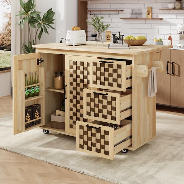 Nature Wood 53.2 in. Rolling Kitchen Island with Drop Leaf, Spice Rack, Towel Rack, 3-Drawers and Power Outlet