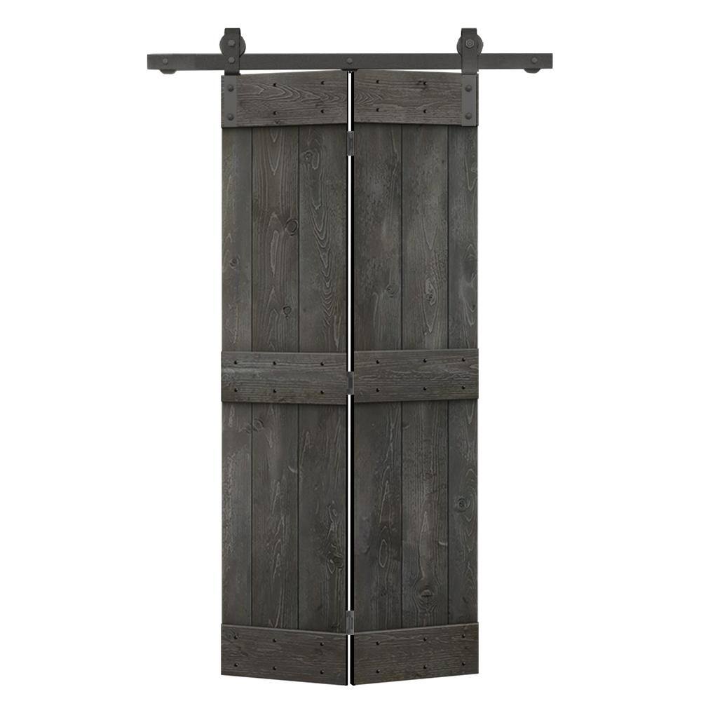 22 in. x 84 in. Mid-Bar Series Solid Core Carbon Gray-Stained DIY Wood Bi-Fold Barn Door with Sliding Hardware Kit price history on PriceWatchPro