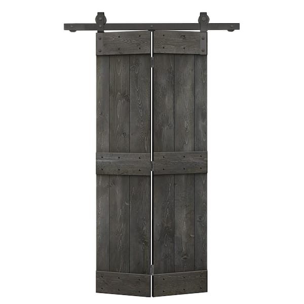 CALHOME 22 in. x 84 in. Mid-Bar Series Solid Core Carbon Gray-Stained DIY Wood Bi-Fold Barn Door with Sliding Hardware Kit