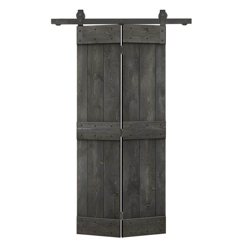 28 in. x 84 in. Mid-Bar Series Carbon Gray-Stained DIY Wood Bi-Fold Barn Door with Sliding Hardware Kit price history on PriceWatchPro