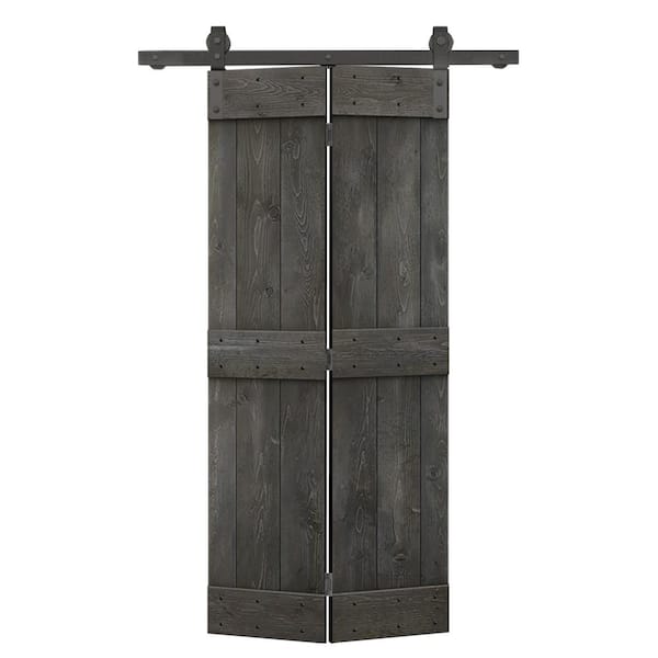 CALHOME 38 in. x 84 in. Mid-Bar Series Carbon Gray-Stained DIY Wood Bi-Fold Barn Door with Sliding Hardware Kit