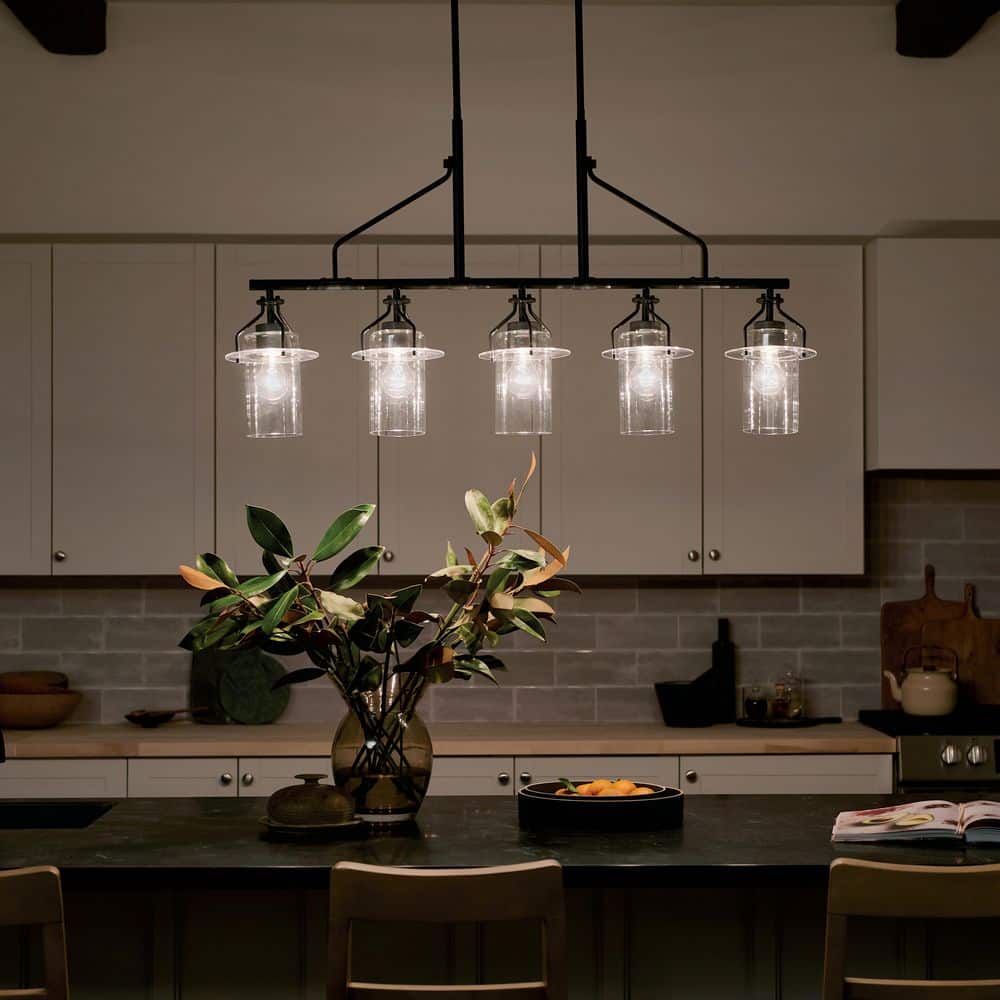 Everett 42 Inch Black and Clear Glass 5-Light Linear Chandelier