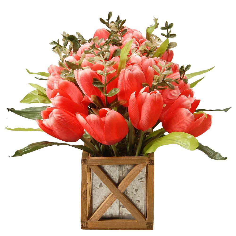 16.5" Pink Silk Tulips in Rustic Wood Planter