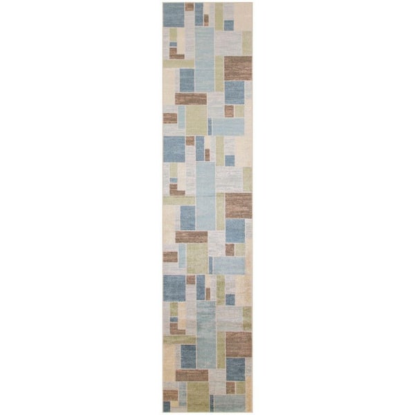 Nourison Astra Machine Washable Blue Green Multi 2 ft. x 10 ft. Geometric Contemporary Runner Area Rug