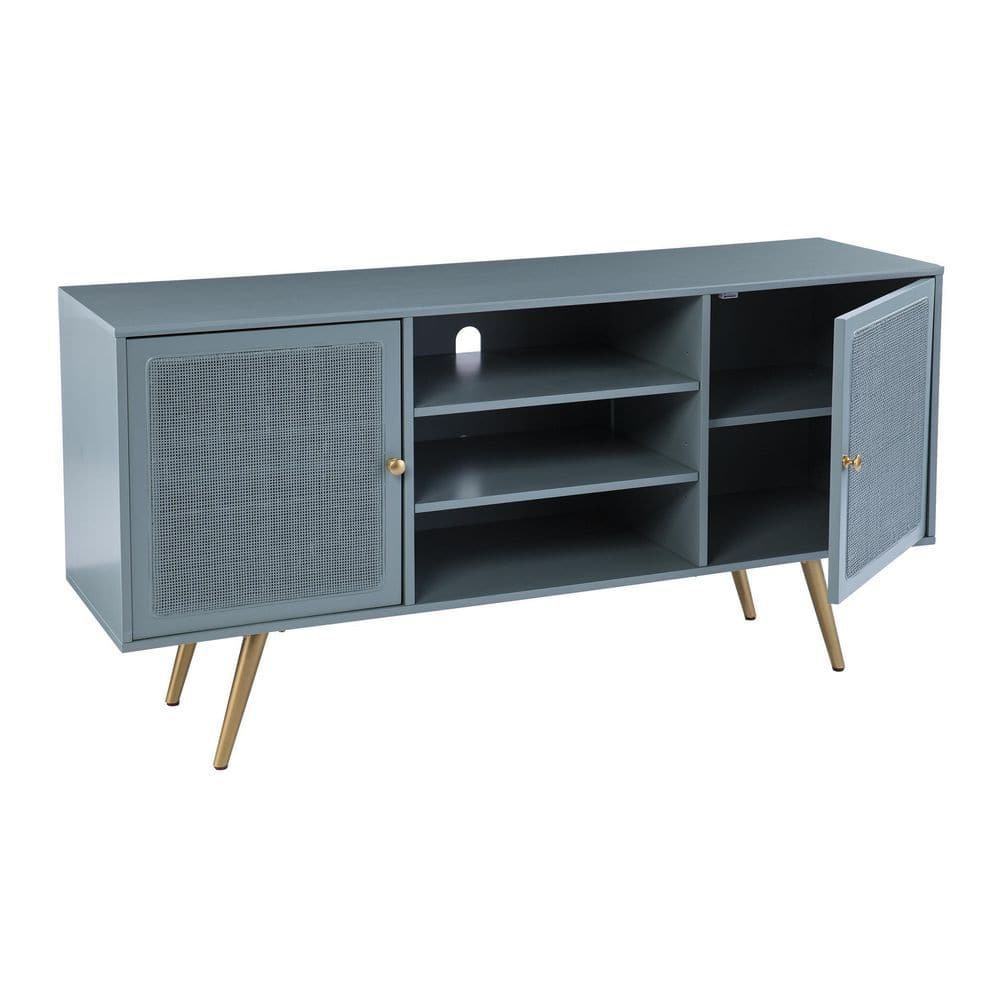 Teal Green and Gold Rattan Media Console with Adjustable Shelves