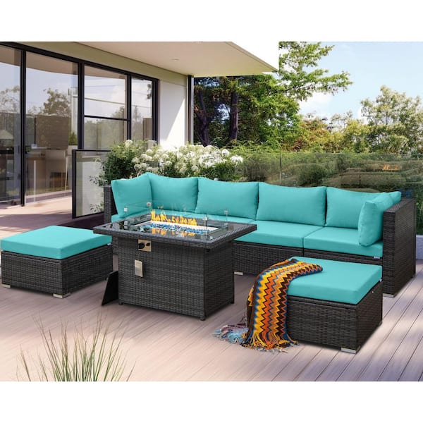 FINCATI Luxury 7-Piece Charcoal Gray Wicker Patio Fire Pit Conversation Sectional Deep Seating Sofa Set with Teal Cushions