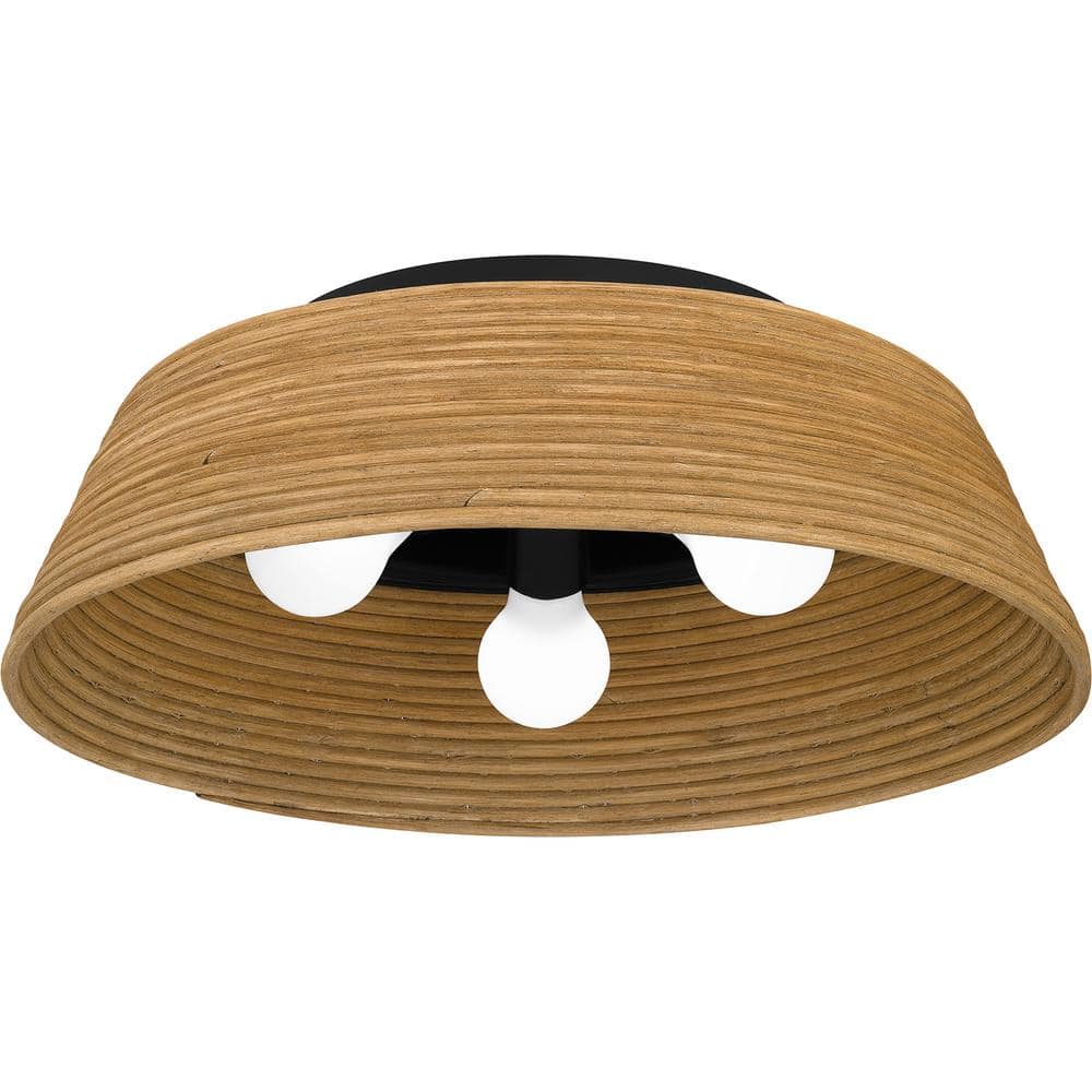 Zahara Matte Black and Bamboo 18.25" Flush Mount Light