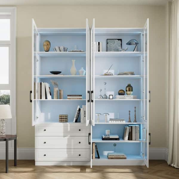 FUFU&GAGA White Wood Buffet with Glass Doors, 6-Color LED Lighting