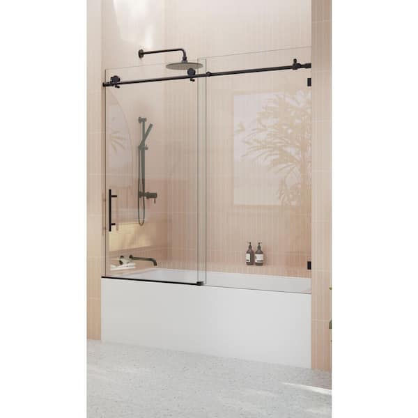 60 in. x 60 in. Frameless Bath Tub Sliding Shower Door in Matte Black