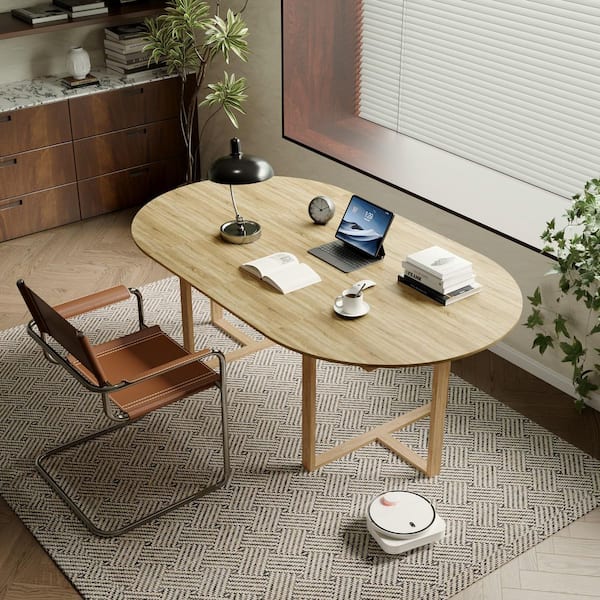 FUFU&GAGA 47.2 in. Light Oak Wood Oval Wood Extendable Coffee Table with Solid Wood Cross Legs and Slide Rail Mechanism