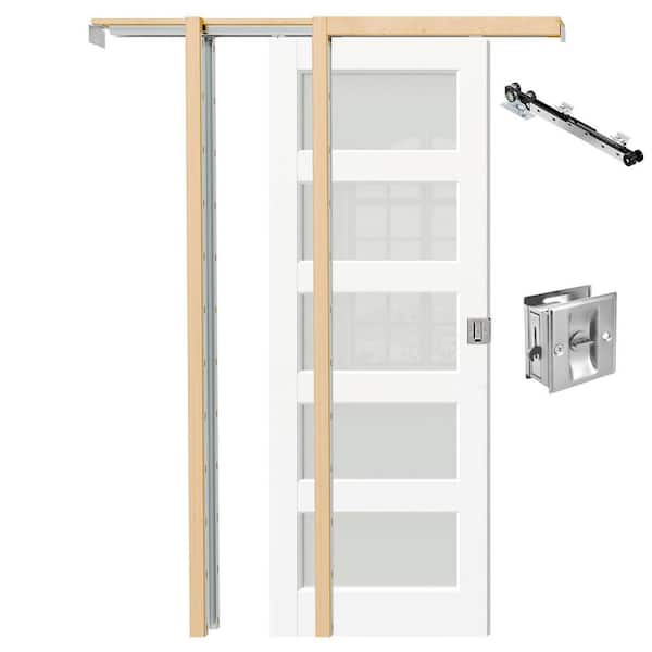 30 in. x 80 in. 5 Lite Frosted Glass White Primed Pine Wood Pocket Door with Lock, Soft Close and Frame Kit, Pantry Door